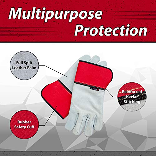 SAFE HANDLER Performance Leather Gloves | Full Split, Leather Palm, Safety Work Gloves, Rubber Gauntlet Safety Cuff, Kevlar Stitching, Grade A Split Leather, OSFM, 3 Pairs