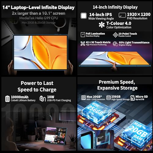 TECLAST T70 14 Inch Touchscreen Tablet Top Gaming Android Tablet, Helio G99 2.2GHz Octa-Core, 20GB RAM M+256GB (8TB TF), Dual SIM 4G LTE, 10000mAh/18W, Widevine L1/GPS/13MP, Tablet with Stylus + Case