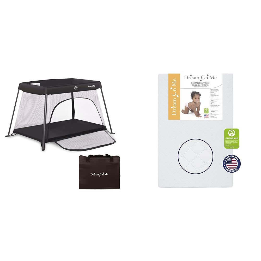 Dream On Me Travel Light Playard with Mesh Zipper Door and Holly 3” Fiber Mini Crib Mattress Image