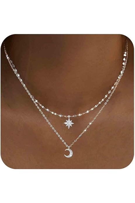 Sun And Moon Necklace Moon And Stars Necklace, Gold Plated, Cubic