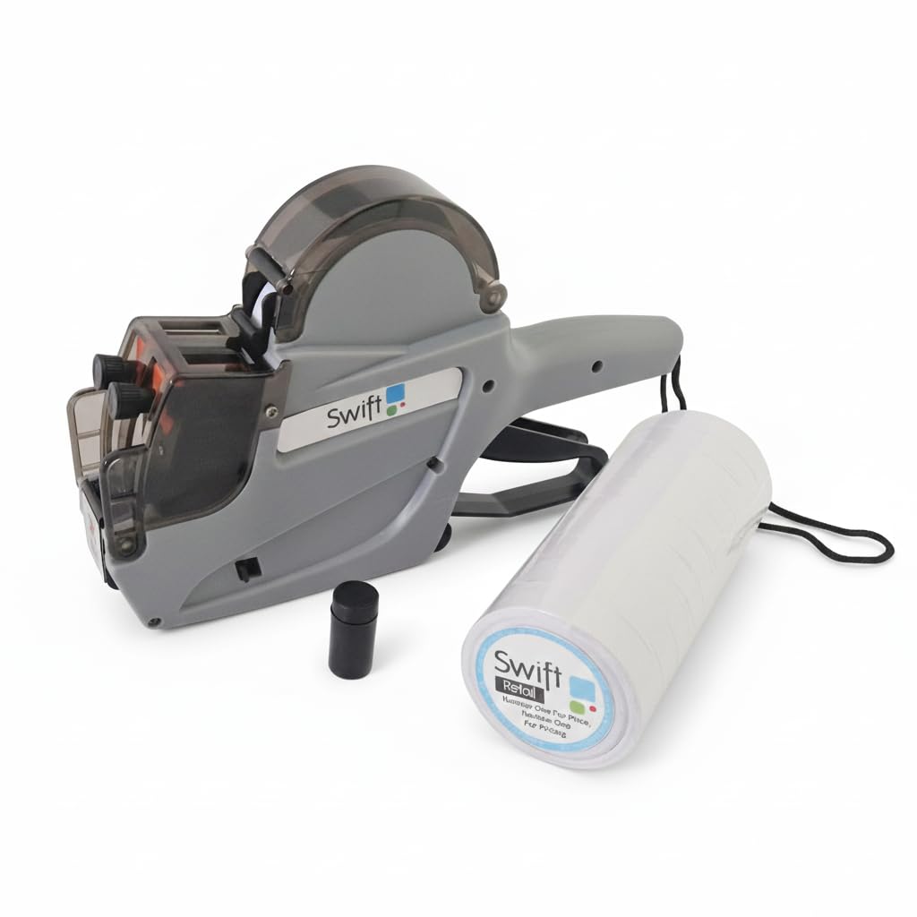 swift 2 Line Price Gun Kit – Includes 5,000 Labels (23 x 16mm) & Spare Ink Roller, Grey