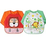 MOMLOVES - Waterproof Sleeved Bib,Infant Toddler Baby Waterproof Bib,6-36 Months (Orange(Lions)+Green(Monkey))