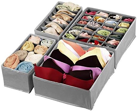 printemps Closet Underwear Organizer，Foldable Storage Box Drawer Divider Kit Set of 4 (Grey)