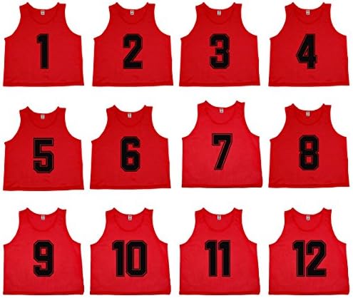 Oso Athletics Sets of 12 (#1-12, 13-24) Premium Polyester Mesh Numbered Jerseys/Scrimmage Vests/Pinnies for Children, Youth & Adult Sports Soccer, Basketball (Red (#1-12), Youth - Small)