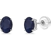 Gem Stone King 14K White Gold Blue Sapphire Stud Basket Setting Earrings For Women Men (1.14 Cttw, Gemstone September Birthstone, Oval 7X5MM)