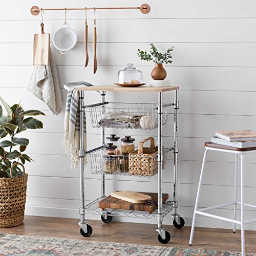 Amazon Basics 3Tier Metal Basket Rolling Cart with Wood Top, Silver