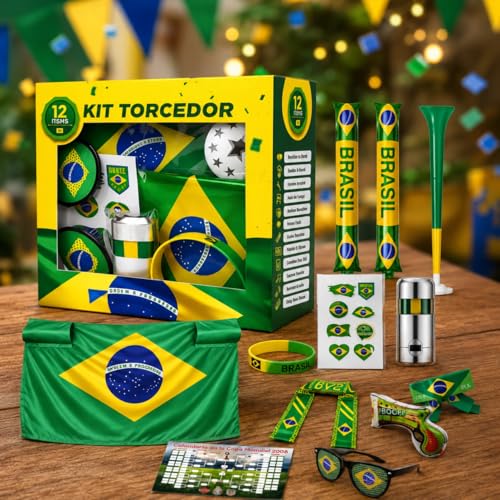 Kit Torcedor Brasil Copa 2026 12 Peças – Fantasia Completa com Faixa Cabeça, Óculos, Bandeira 150x90cm, Bastões Infláveis, Corneta, Tinta Facial e Lança Confete – Festa Churrasco Premium