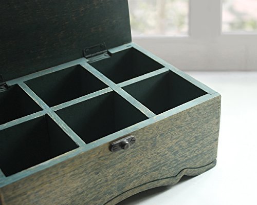 Store Indya Wooden Tea Box Chest with 6 Compartments Teabags Condiments Spices Holder Organizer Keepsake Storage Box Handmade Wooden Block In Distress Finish (Design 1)