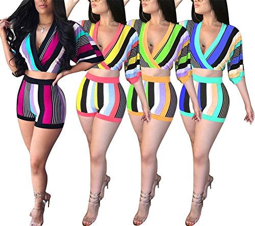 VLUNT Women Stripe Print 2 Piece Set V Neck Crop Top and Short Pants Outfits Clubwear,Purple-M - Thumbnail 4
