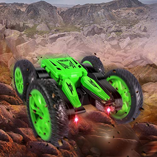 RC Cars Stunt Car Toy, 4WD 2.4Ghz Remote Control Car Double Sided Rotating Vehicles 360° Flips, Green RC Cars for Kids Birthday Gifts
