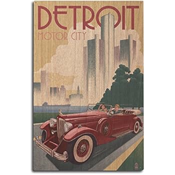 Lantern Press Detroit, Michigan - Vintage Car and Skyline (10x15 Wood Wall Sign, Wall Decor Ready to Hang)