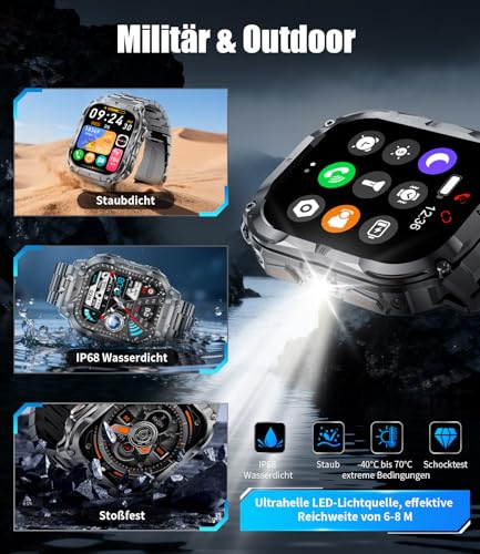 LIGE Military Smartwatch Men's with 1000 mAh Battery/Phone Function, 2.0 Inch HD Touchscreen Fitness Watch with Heart Rate/Sleep Monitor/200+ Sports Modes, IP68 Waterproof Sports Watch for Android iOS, 3 Wristbands