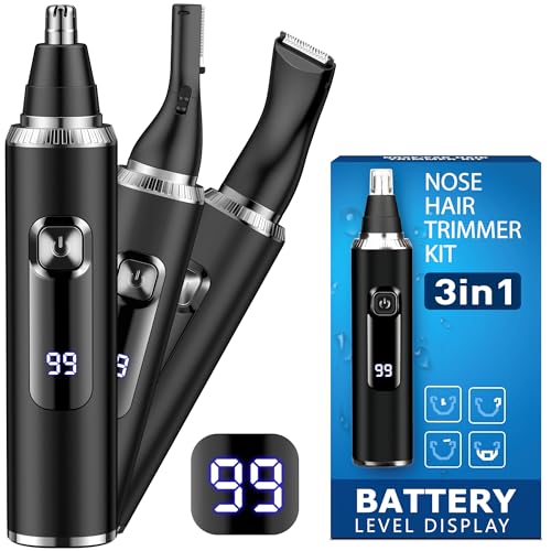 Nose Hair Trimmer for Men,3 in 1 USB Nose Trimmer with LED Display,Painless Dual Edge Blades Nasal Hair Trimmers for Men,Eyebrow Razor Scissors,Ear Facial Hair Remover,IPX7 Waterproof,Easy Cleansing
