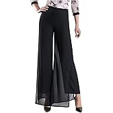 Double Plus Open Womens Chiffon High Waist Palazzo Dressy Pants Flare Elastic Waist Culottes Trousers Pant