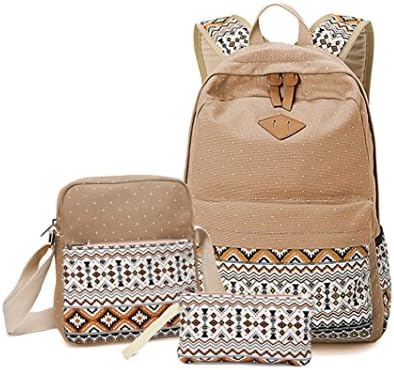 Three-piece Leisure Backpacks, Women's Casual Canvas Cute Lightweight Backpacks for Teen Young Girls School Bookbags Laptop Bag Shoulder Daypack Handbag (Khaki)