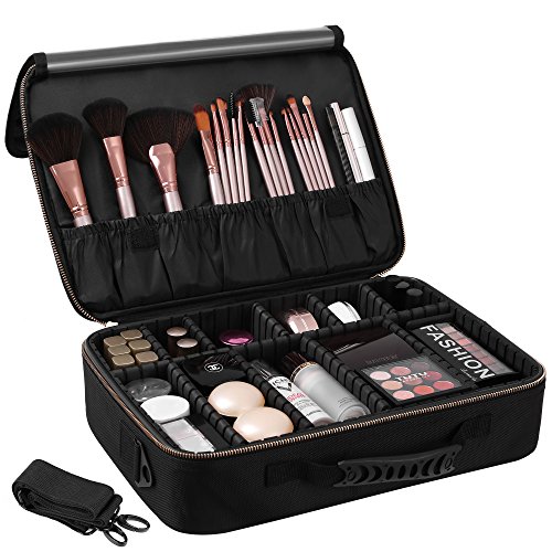 SONGMICS Makeup Train Case with 9 Adjustable Dividers Cosmetic Bag Organizer Travel Kit Artist Case with Brush Holders Black UMUC21BK