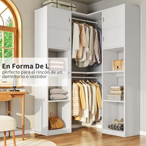 SIMPLE HOGAR Closet Armables para Ropa,Armarios para Ropa se Puede Cambiar Entre ángulo Recto y Esquina,Closet de Madera Está Equipado con 10 Espacios de Almacenamiento,170/W*202/H CM(Blanco)