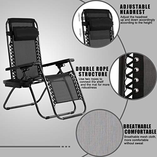 BMS Zero Patio Set of 2 Folding Outdoor Anti Gravity Lounge Reclining Camping Deck Chair with Pillow and Cup Holder （Black） - Thumbnail 2