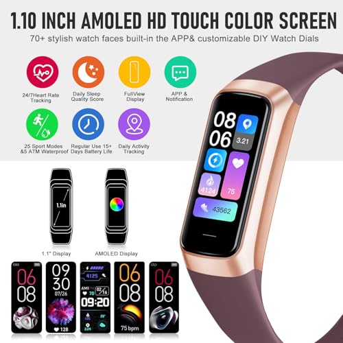 Fitness Tracker, Activity Trackers with 24/7 Heart Rate, Blood Oxygen Blood Pressure Sleep Monitor, Step Counter with 1.1" AMOLED Touch Color Screen, Calorie Pedometer Health Smart Watch for Women Men