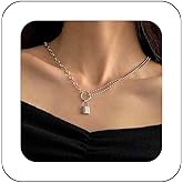 Iaceble Boho Lock Pendant Necklace Layered Padlock Chain Necklace Silver Lock Key Necklace Ball Chain Choker Necklace Small Lock Shape Necklace Jewelry for Women