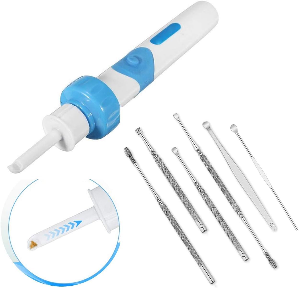 Glamza Ear Wax Removal Kit - Includes Vacuum Ear Wax Remover PLUS 6pc Ear Cleaning Tools, 3x Ear Pick, 2x Ear Loops & 1x Spiral Ear Cleaner, Providing the Ultimate Ear Cleaning Kit.