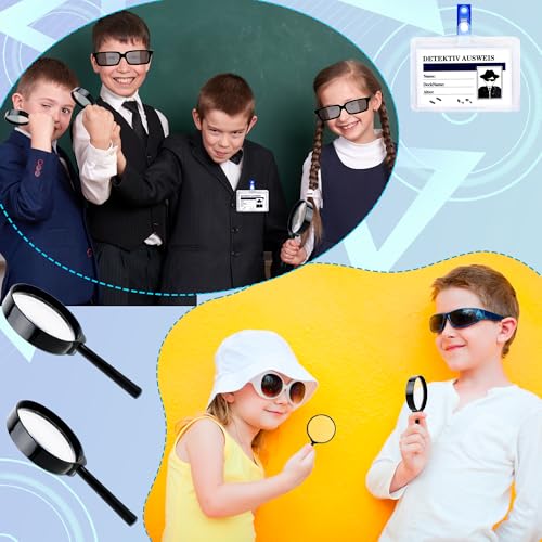 36 Pcs Kids Spy Kit Detective Toy Set Including 12 See Behind You Sunglasses 12 Secret Agent Name Tags 12 Black detective Mmagnifying Glass for Spy FBI Cosplay Escape Room Detective Party Supplies