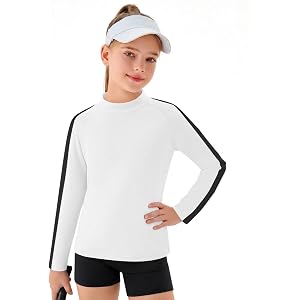 Haloumoning Girls Long Sleeve Shirts Athletic Mock Neck Side Stripe Tops | Kids Fall Sports Activewear 5-14 Years, Soft Breat