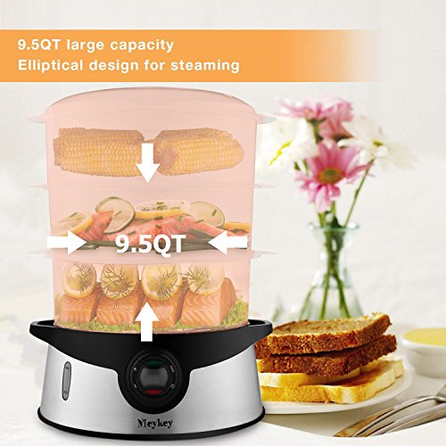 9.5 Quart Food Steamer BPA Free, 3 Tier Stackable Baskets Vegetable Steamer with Rice and Grains Tray, Electric Steamer 800W Fast Heat up - Thumbnail 3