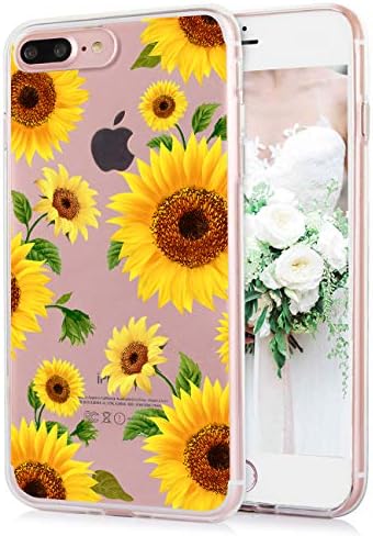 iPhone 8 Plus Clear Case iPhone 7 Plus Case Floral Yellow Sunflower Flowers Pattern Clear IMD Hybrid Hard TPU Back Cover Shockproof Protective Fun Phone Cases for Women Girls-[5.5"]