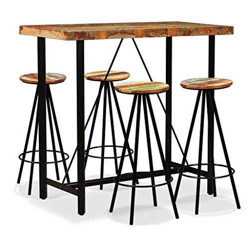 vidaXL Barset 5-TLG. Altholz Massiv Bartisch Stehtisch Barhocker Sitzgruppe