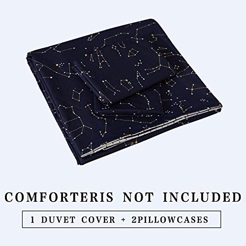 ECOCOTT 3 Pieces Duvet Cover Set Queen 100% Natural Cotton 1 Duvet Cover 2 Pillowcases,Navy and Cosmic Constellation Reversible Printed Pattern Soft Cozy Luxury Breathable and Durable Bedding Set