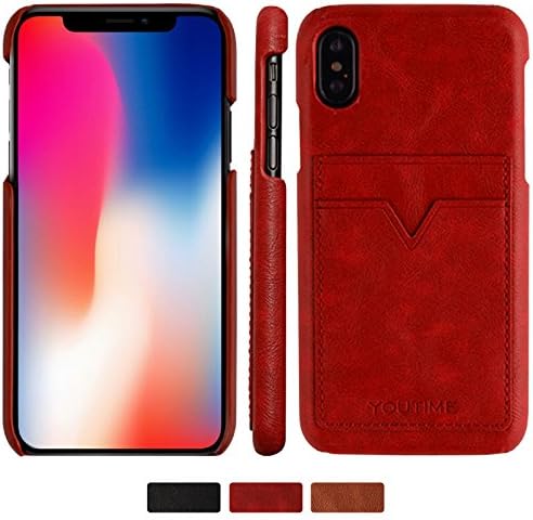YOUTIME iPhone X Soft Leather Case with 2 Card Slots for ID/bank cards, Ultra Slim Genuine Leather Case Back Cover as Accessory [Screen Protector Included] (iPhone X, RED)