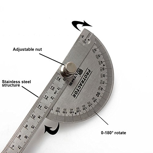 LTMS 078008 Stainless Steel Protractor 180 Degrees Angle Ruler Finder 140mm Metric Durable Metal Adjustable General Measuring Tool