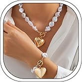 Baroque Pearl Chunky Heart Necklace Bracelet for Women Trendy Outfits Jewelry Set White Pearl Beaded Collar Necklace Gold Silver Plated Puffy Heart Statement Necklace Fashion OT Clasp Chain Bracelet