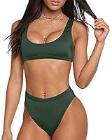 Dixperfect Two Pieces Bikini Sets Swimsuit Low Scoop Top High Waisted Cheeky Bottom (M, Army Green)