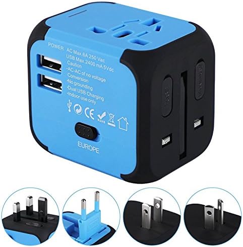 Universal Travel Adapter， International Power Adapter with 2.4A Dual USB Ports Worldwide AC Wall Outlet and Safety Fuse for Europe, UK, AU, Asia &amp; US (Blue)