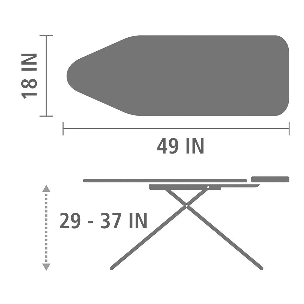 Brabantia Size C Ironing Board (49 x 18 in) 7 Height Options, Adjustable Steam Iron Rest Holder (Moving Circles) Non-Slip Feet, Anti-Collapse Child Locks