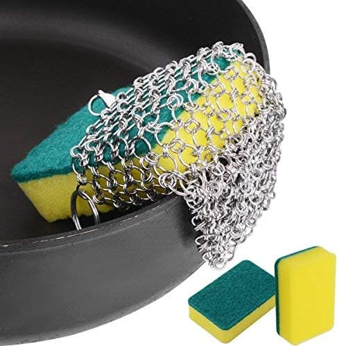 Cast Iron Cleaner, ROBAO Stainless Steel Chainmail Scrubber for Cast Iron Pan Skillet, Dutch Ovens, Waffle Iron Pans Scraper, Cast Iron Grill Scraper, 3pcs Sponges Included