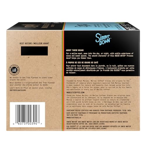 MARLEY COFFEE SIMMER DOWN DECAF, SWISS WATER PROCESS, MEDIUM ROAST COFFEE, KEURIG K-CUP BREWER COMPATIBLE PODS, 24 COUNT