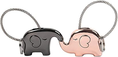 VORCOOL 2pcs Lovely Elephant Key Ring Kissing Animal Couple Keychain with Metal Wire Rope (Black and Rose Gold)