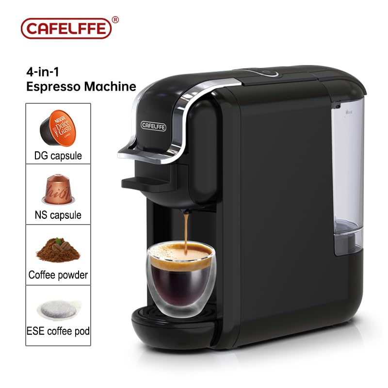 Cafelffe MK-603 Capsule Coffee Machine, 19 Bar 4-in-1 Hot/Cold Espresso Maker, Compatible Nes*/DG* Pod/Coffee Powder, 220V Volts, Fast Brew, Compact for Home/Office - Easy Clean,Black