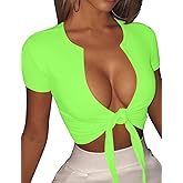 BORIFLORS Women's Sexy Tie Up Crop Top Short Sleeve Deep V Neck Casual Basic T Shirt