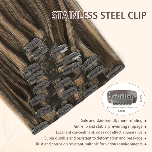 Sassina Clip in Hair Extensions Real Human Hair Chocolate Brown Highlighted Caramel Blonde Double Weft Clip ins for Women 16 Inch Human Hair Full Head 8 Pcs 120 Grams #P4-27