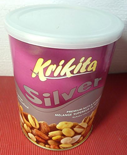 KRIKITA nuts SILVER Premium Nuts &amp; Extra Kernels , Gourmet Nuts from Lebanon Tin 300g, Peanuts, Pumpkin Seeds, Pistachios, Almonds, Cashew Nuts, Corn, Hazelnuts, Corn Starch, Chickpeas, Salt, Fresh