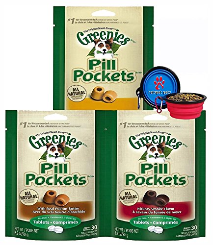 GREENIES PILL POCKETS Soft Treats Tablets for Dogs 3 Pack (Duck & Pea, Peanut Butter & Hickory Smokey Flavored Dog Treats) W/ Bonus Pet Bowl