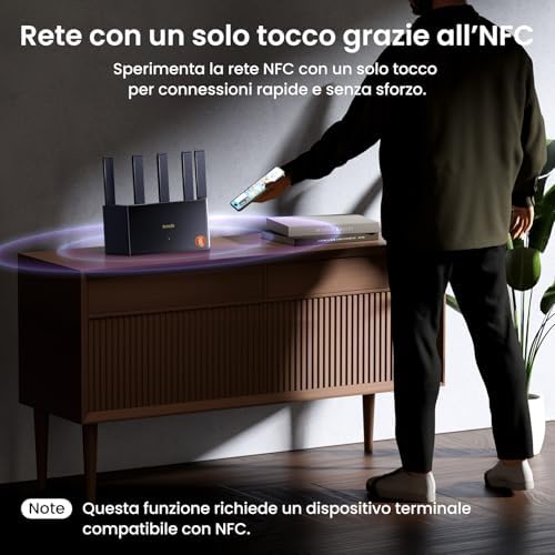 RE3L Router Wi-Fi 7 BE3600 Dual-Band, Mesh WiFi, Porte WAN/LAN Gigabit, 5 Antenne Verticali, 4K-QAM, MLO, NFC, VPN, WPA3, Controllo tramite App