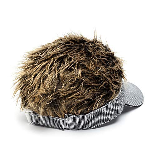 MILANMOOD Novelty Sun Cap Wig Peaked Adjustable Baseball Hat with Spiked Hairs, Grid Brown