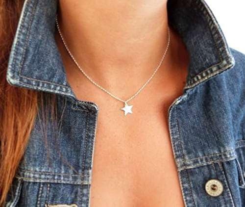 Star 14k Solid Gold Necklace, Celestial Dainty Gold Star Choker Necklace, Gold Star Necklace in Yellow White or Rose Gold. Personalized Engrave Letter Great Gift for Her. Jewee Diamond