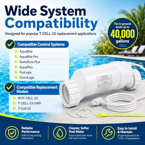 T-15 Salt Cell Replacement Compatible with AquaRite Saltwater Systems, Premium Water Clarifier Cell for Inground Pools up to 40,000 Gallons, Replaces W3T-CELL-15, T-CELL-15, BLT15H with Cleaning Kit