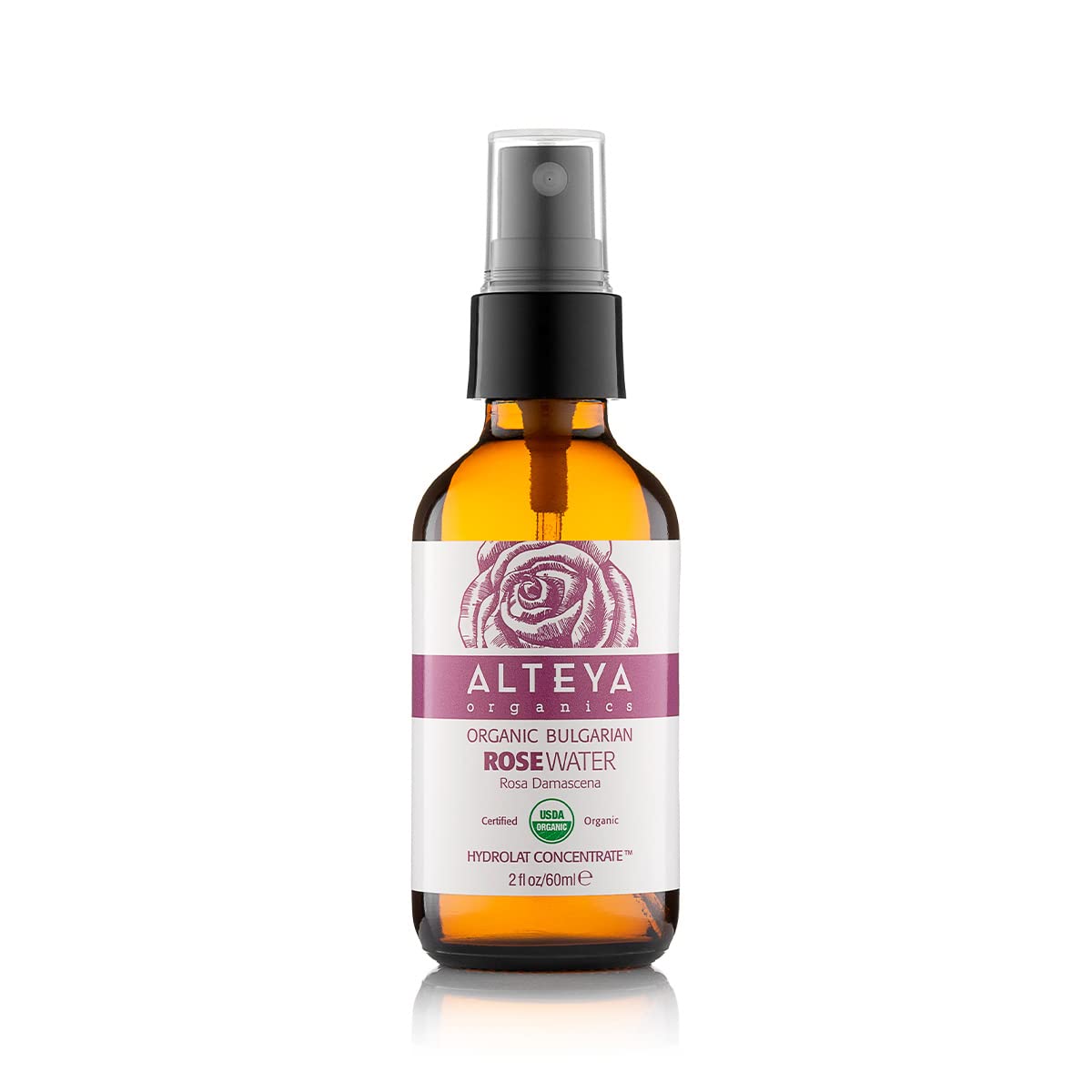 Alteya Organics Rose Water USDA Certified Organic Facial Toner,60 mL Pure Bulgarian Rosa Damascena Flower Water, Award-Winning Moisturizer Amber Glass Spray Bottle